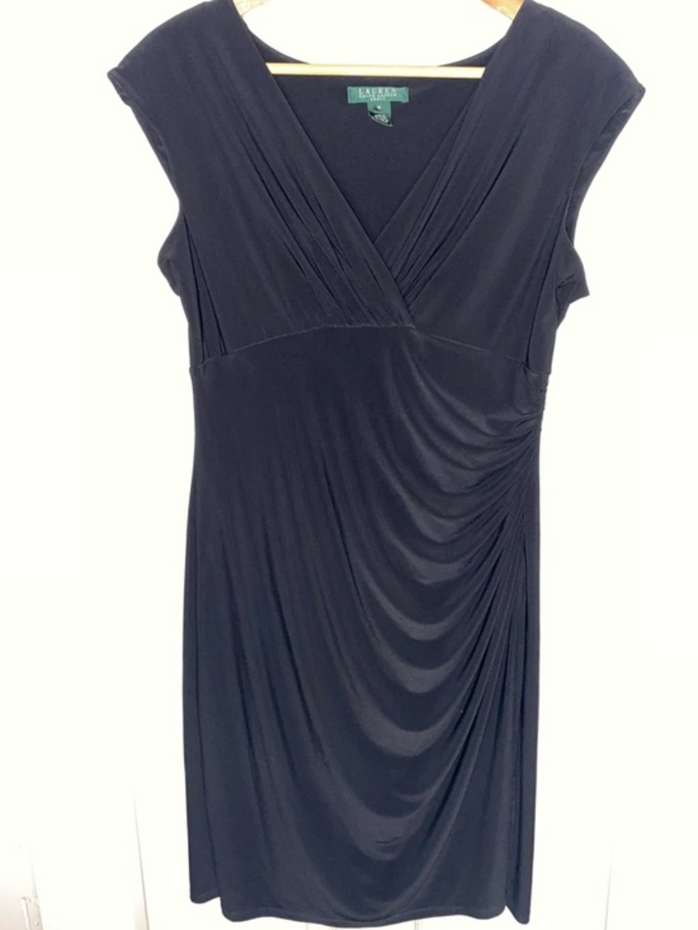 Lauren Ralph Lauren Black Ruched V-Neck Midi Dress